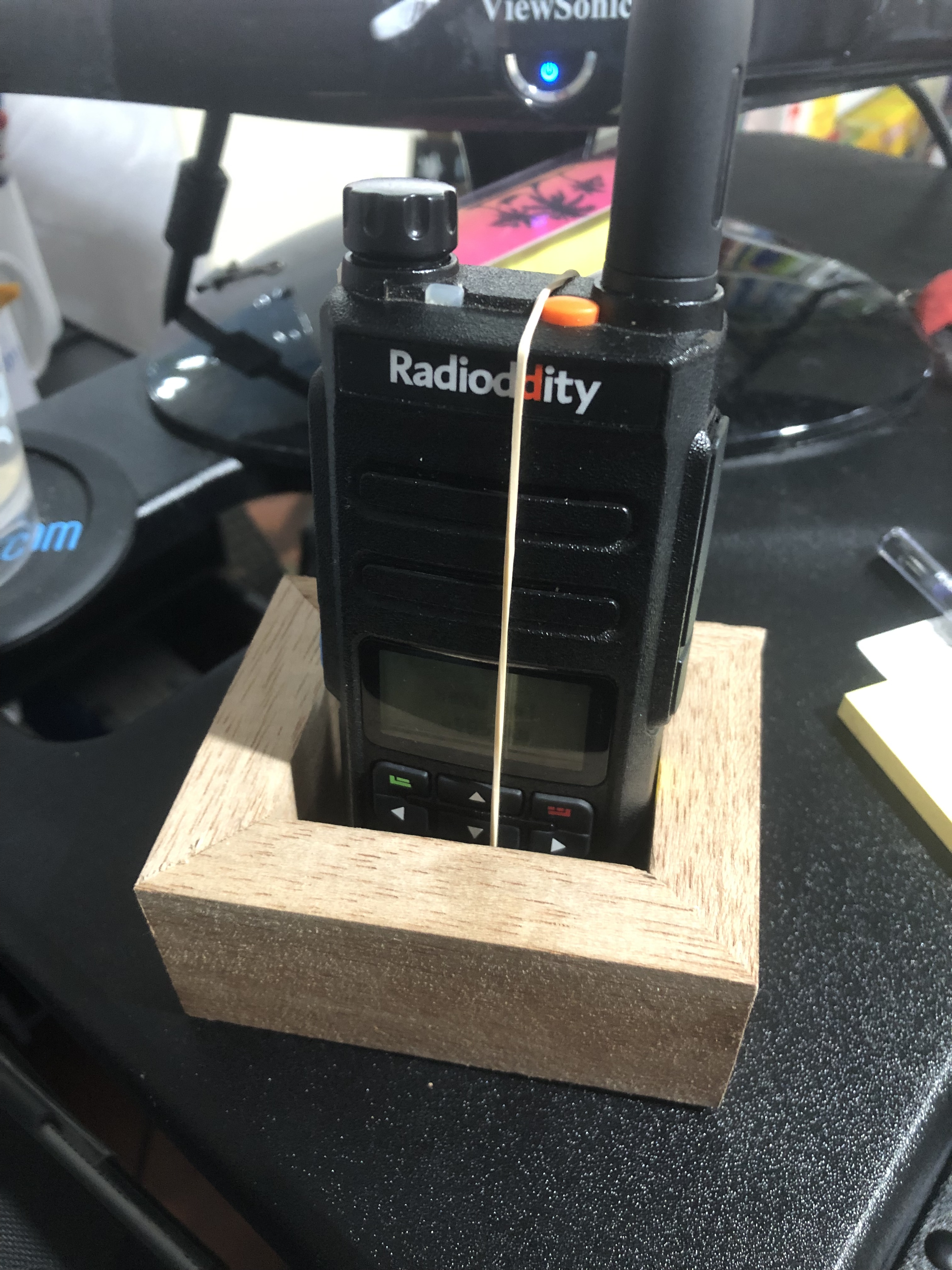 Wooden box stops hand held radio's from being damaged 